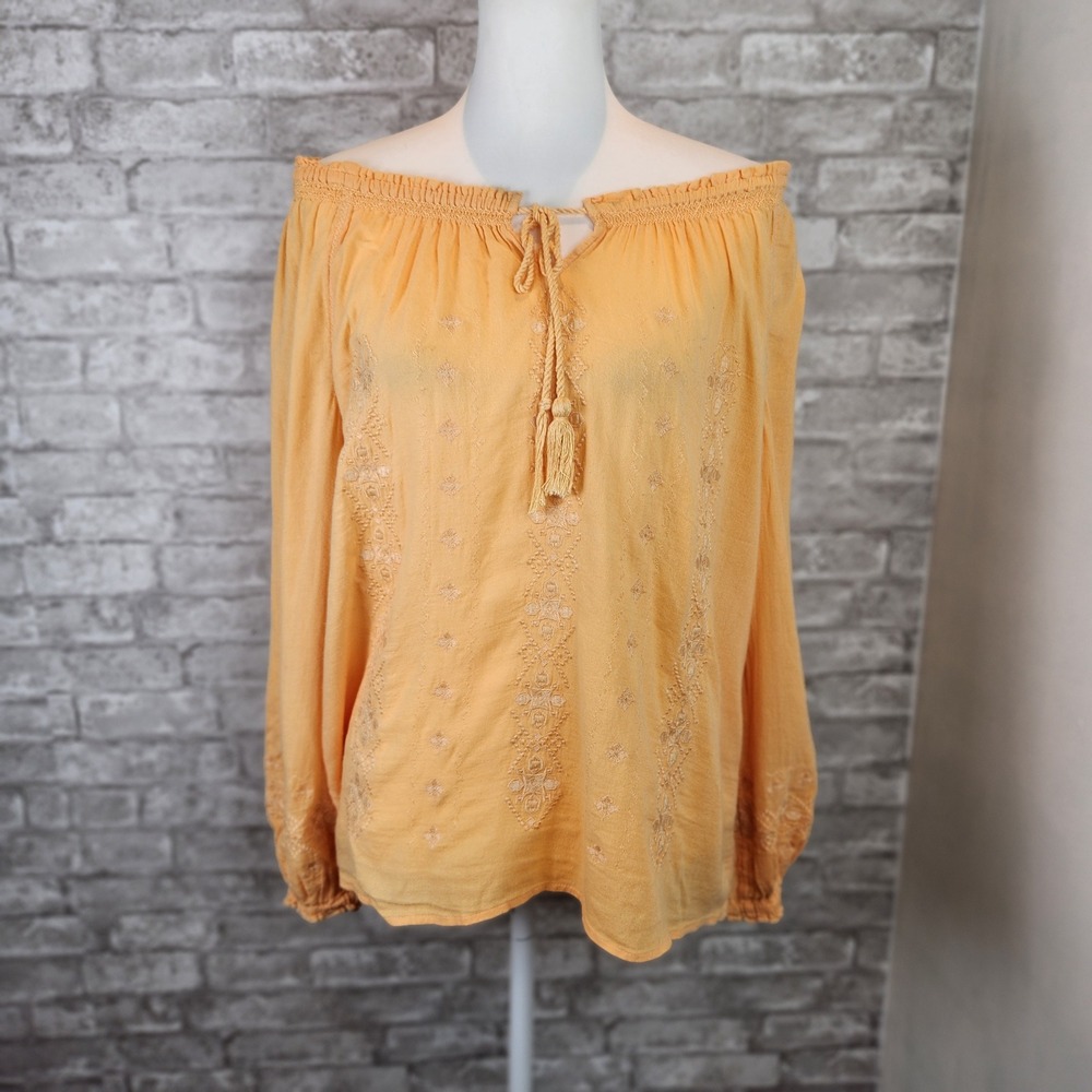 J. Jill Peasant Top Yellow Embroidered Cotton Boho Size M
